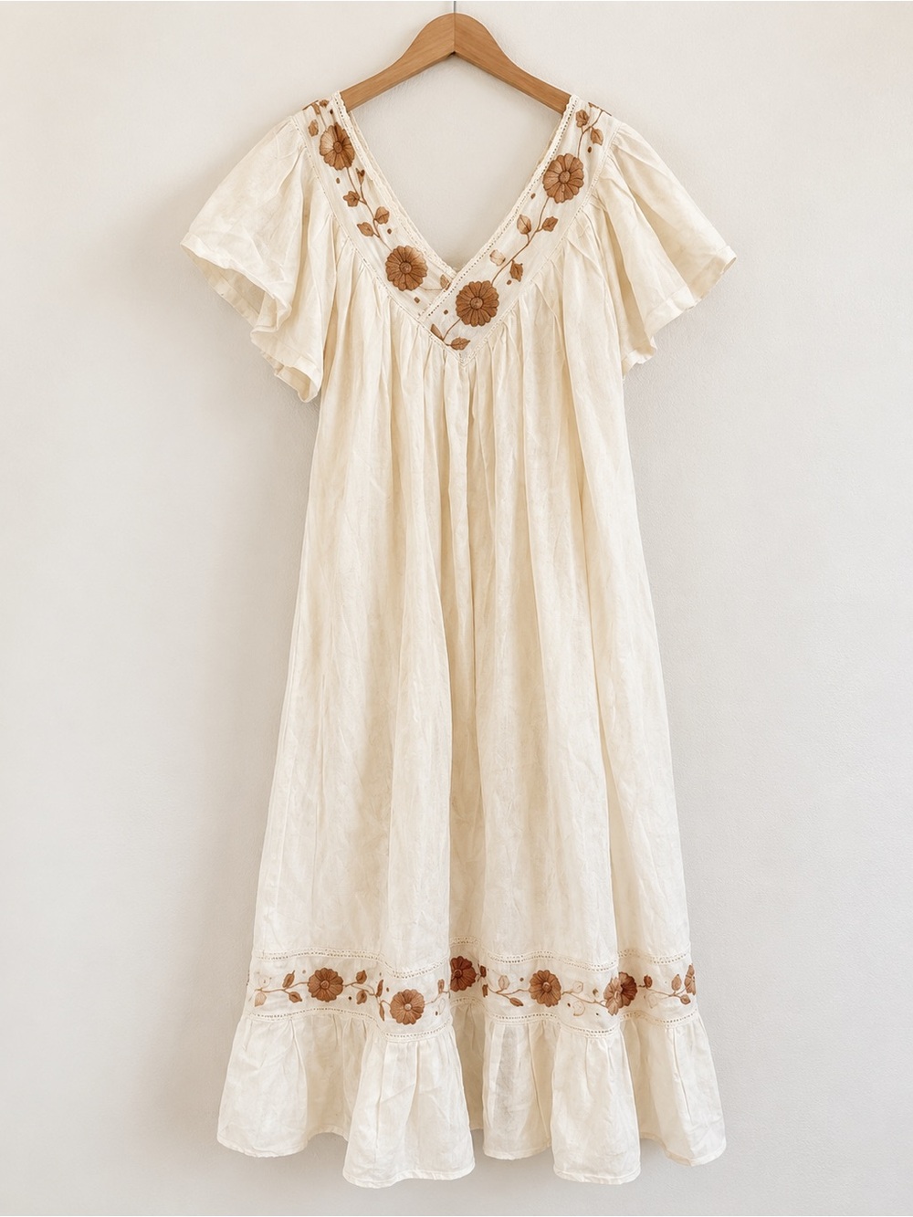Cream Embroidered V-Neck Cotton Dress